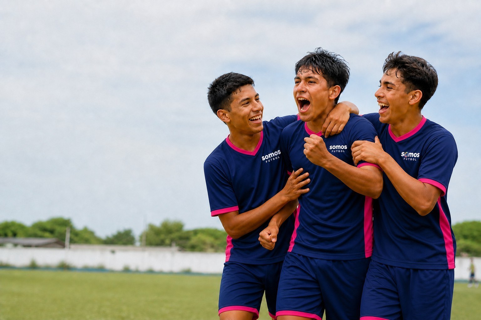 Jóvenes de Somos Fútbol celebrando en la cancha